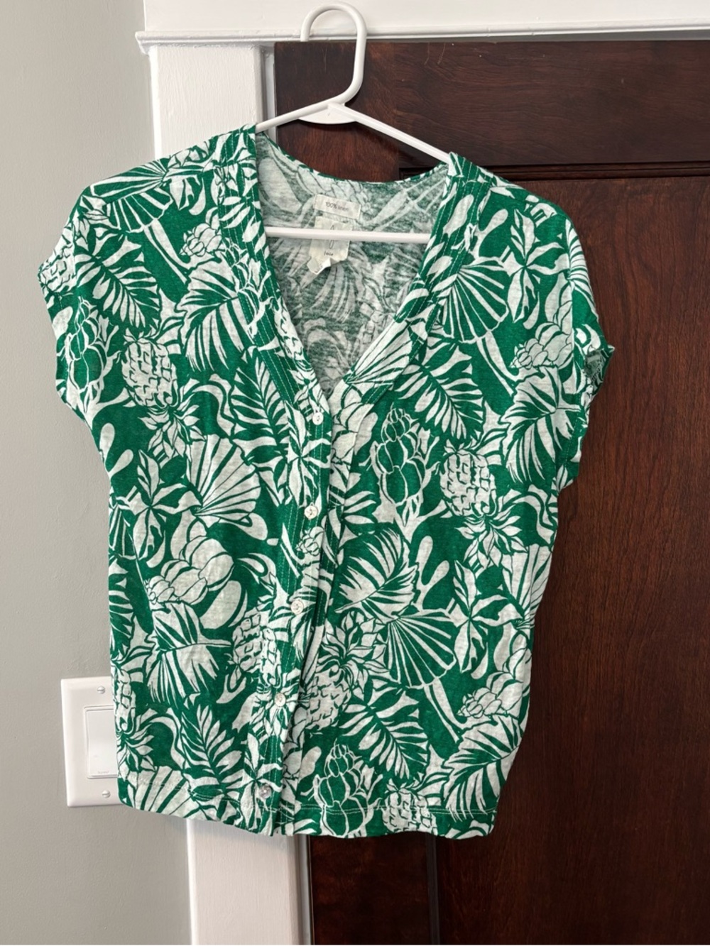 Joie 100% Linen Knit Small Green Pineapple Print Shirt Button Cap Sleeve